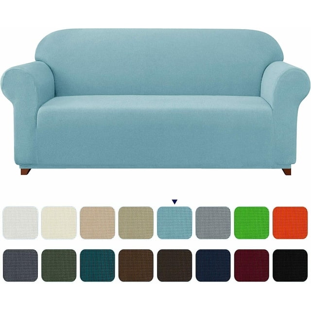 Subrtex Housse de Canapé Extensible 1 Pce Slipcover Antidérapante avec Motif à Carreaux Texturé de Couleur Bleu Pâle. la Slipcover Est Conçue pour s'Adapter à Diverses Tailles de Sofa avec Coins Élastiques Intégrés pour un Ajustement Semi-Personnalisé. Fabriquée en 85 % polyester et 15 % Élasthanne, Elle Est Douce, Agréable pour la Peau, Respirante et durable. l'Image Affiche Aussi Plusieurs options de Couleur pour la Slipcover, la Rendant Adaptée à Différents styles de décor de Maison. Idéale pour Protéger les Meubles contre les Déversements, les Taches et le Port Quotidien, et Est Lavable à