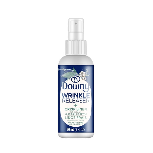 Downy Wrinkle Releaser plus - Light Fresh Scent, 90 ml spray bottle with blue label featuring cotton plant, a fabric refresher and static remover that reduces wrinkles without ironing, ideal for travel and quick fabric touchups.
