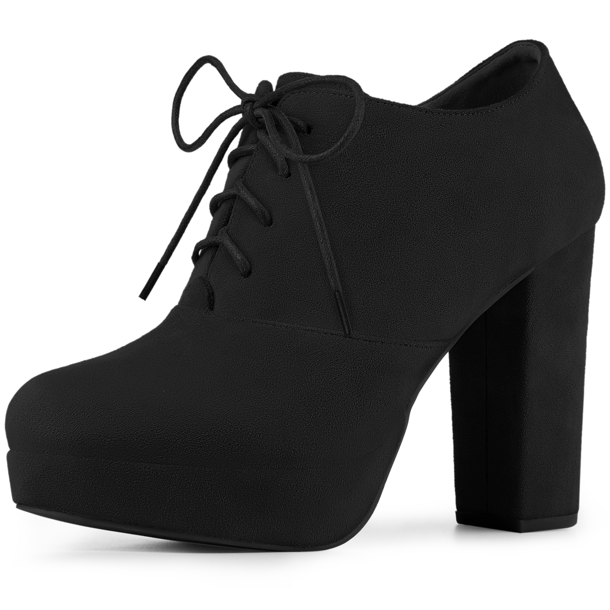 BLISSFUL STEP Bottines pour Femmes en Faux Suède à Talon Épais Plateforme à Lacets Bout Rond Bottes Habillées Noir 7