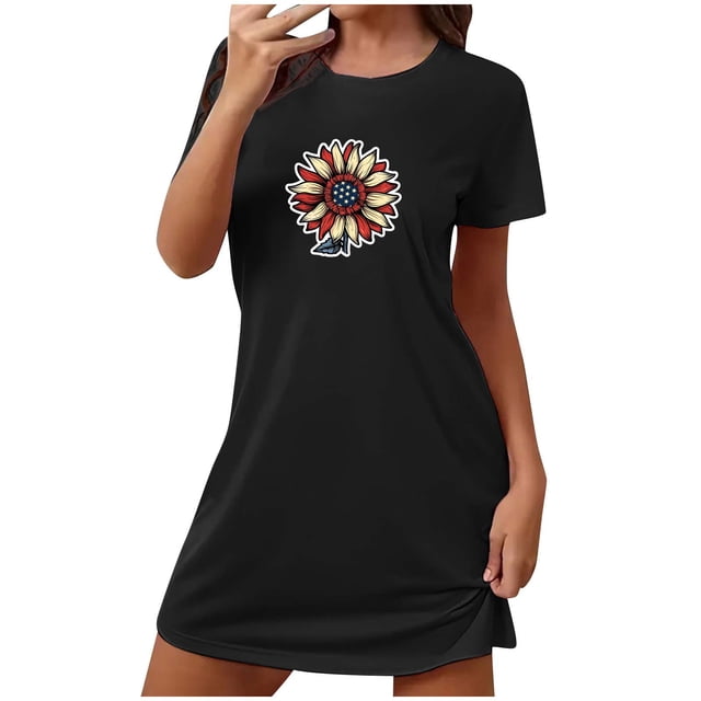 Birdeem Chemises de Nuit pour Femmes, Robe de Nuit Courte Surdimensionnée Imprimée Col Rond et Manches Courtes