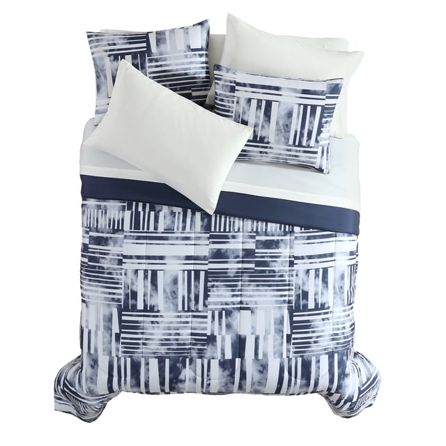 Mainstays double bed set featuring a 7-piece collection with an abstract navy and white grid design, ideal for back-to-school dorm rooms.