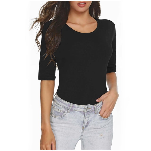 AherBiu Hauts Basiques Superposés pour Femmes Chemises Manches 1/2 Encolure Dégagée Ajusté Confortable sous-Vêtement Tunique T-Shirts