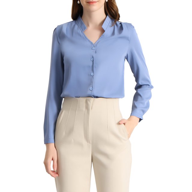 INSPIRE CHIC Chemise Élégante pour Femme à Col en V, Manches Longues, Boutonnée, TG Bleu