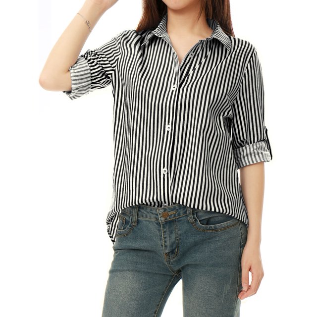 INSPIRE CHIC Chemises à Col à Revers pour Femmes, Boutonnées, Manches Longues Retroussables, m Noir
