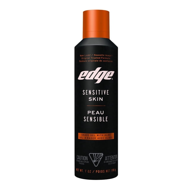Edge Men's Sensitive Skin Shave Gel in a black can with orange cap, formulated with aloe and lubricants for smooth razor glide and cooling conditioners for refreshed skin, featuring bilingual English-French text, suitable for men's sensitive skin shaving.