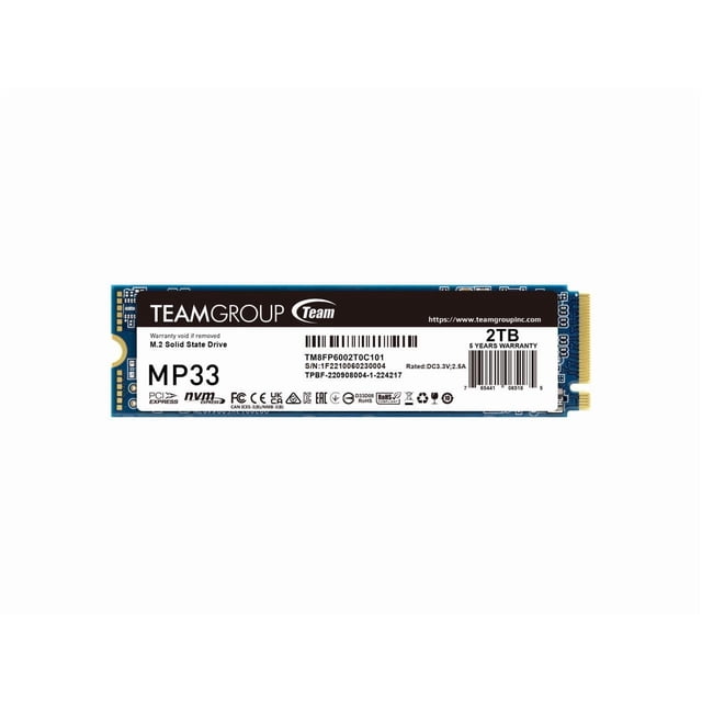 Team Group MP33 M.2 2280 2TB PCIe 3.0 x4 with NVMe 1.3 3D NAND Internal Solid State Drive (SSD) TM8FP6002T0C101. A compact M.2 2280 form factor SSD with a blue and black design, featuring a PCIe NVMe 3.0 x4 interface for fast data transfer. Offers a storage capacity of 2TB, a maximum read speed of 1800 MB/s, and a write speed of 1500 MB/s. Compatible with Windows and Linux operating systems, suitable for desktop PCs and notebooks. Includes a 5-year limited warranty.