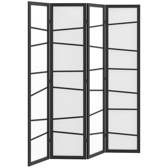 HOMCOM Folding Room Divider, 4 Panel Privacy Screen for Home Office, White. Ideal for creating private spaces or dividing large rooms. Features a lightweight fabric panel with a translucent design and a solid paulownia wood frame for durability. Includes six metal hinges for easy folding and storage. Suitable for decorative purposes in living spaces. Dimensions: 63 inches long, 0.7 inches deep, and 66.9 inches high.