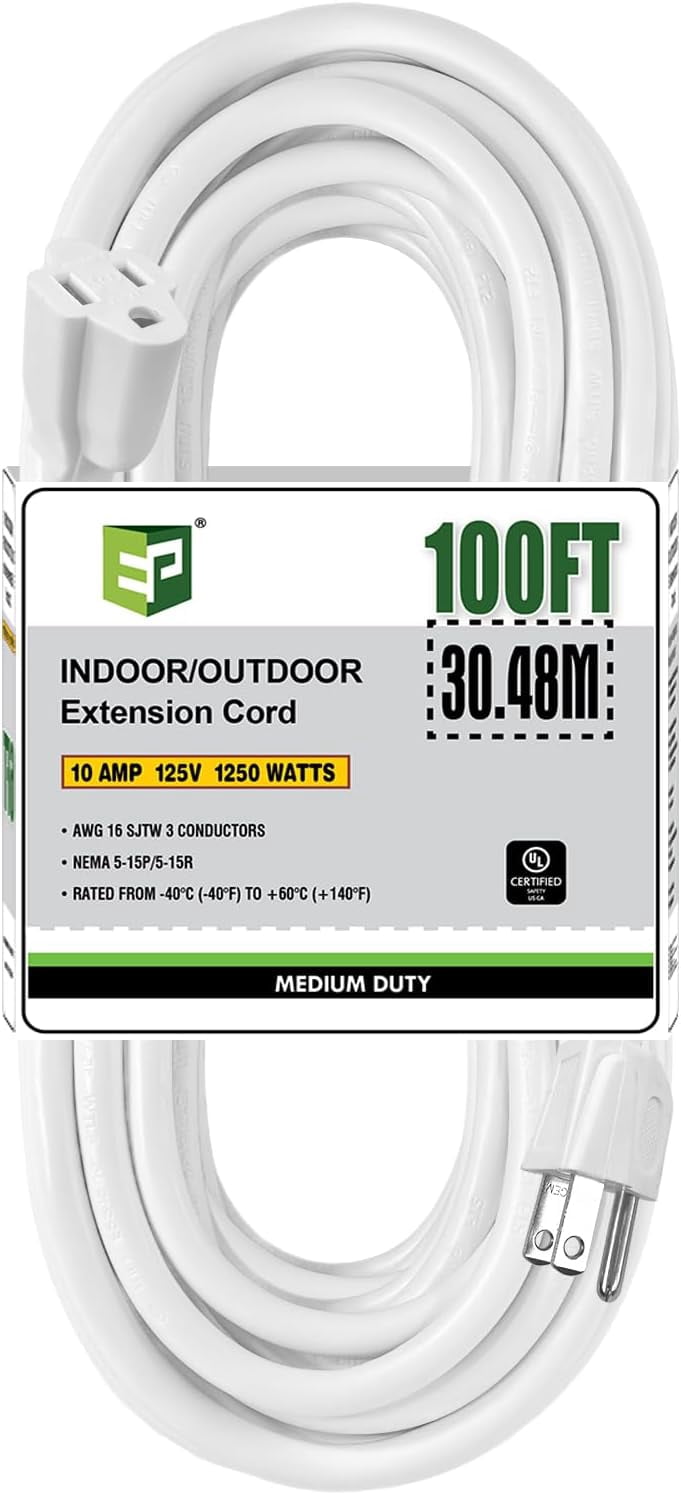 EP 100 FT Black Outdoor Extension Cord, 16/3 SJTW Heavy Duty Waterproof, 3 Prong Grounded Plug, 13A 1625W 16AWG, Cold-Resistant Flexible Power Cable for Garden, Home, Christmas Lights, UL Listed