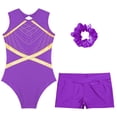 thumbnail image 3 of RUNQHUI Kids Girls Gymnastics Dance Active Outfit Sleeveless Patchwork Rhinestones Leotard with Shorts Purple 12, 3 of 7