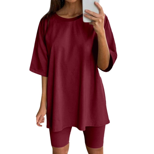 Ketyyh-chn99 Ensembles pour Femmes 2 Pcs Pyjama pour Dames Ensemble Hauts Mode Uni Manches Courtes Col Rond Pantalon à Cordon Chemises Ensembles Vin,G