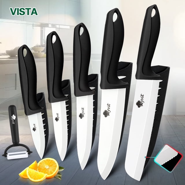 6PCS Ceramic Knives Set for Kitchen with five sharp paring knives and protective covers, plus a peeler. Includes a 6-inch serrated bread knife, 6-inch chef's knife, 5-inch santoku knife, 4-inch paring knife, and 3-inch peeling knife. Non-rusting zirconia blades resist acids and oils, with lightweight black ergonomic handles. Displayed in a modern kitchen setting.