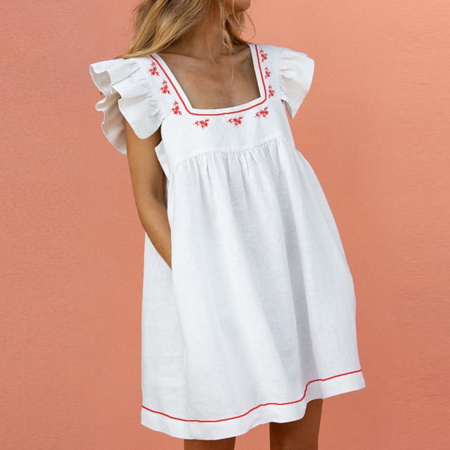 FcBaudy Robe à Manches Courtes Col en V, Robes d'Été pour Femmes, Robes pour Femmes Robe d'Été Élégante Col Poche Manches Courtes Midi Robe Femme