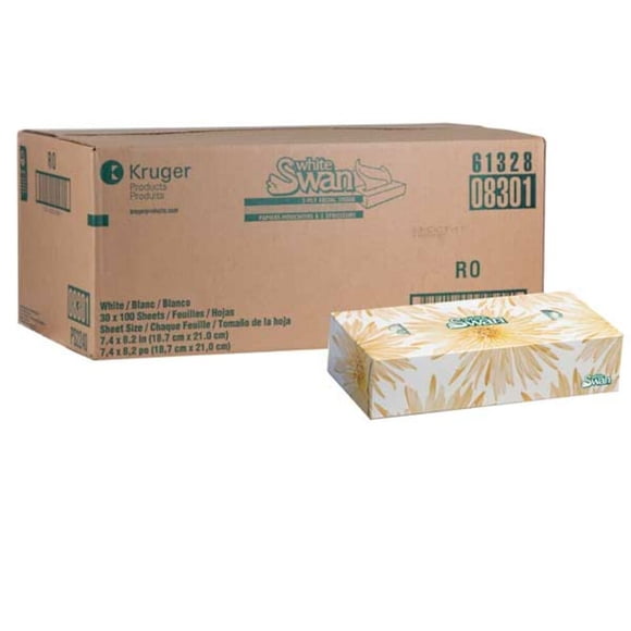 White Swan Tissus Faciaux Blanc, 2 Plis, 100 Tissus/boîte, 30 Boîtes/boîte
