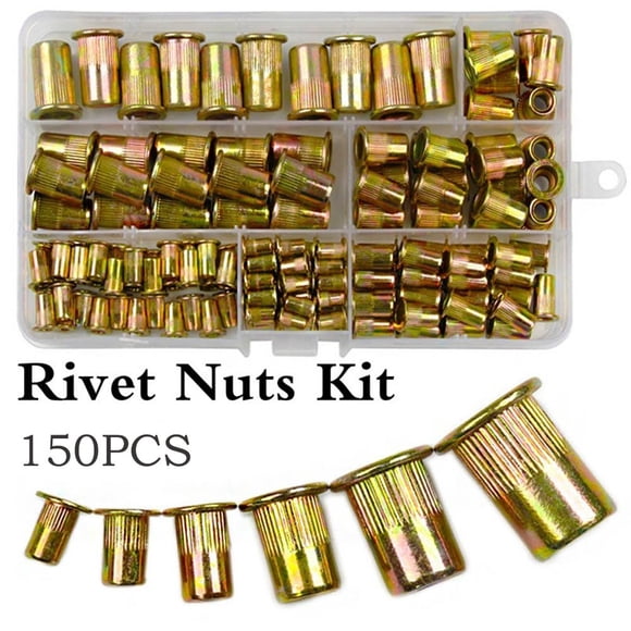 Rivet Nut 150PCS Metric Rivet Nut Kit Carbon Steel Flat Head Threaded Insert Nut Assorted in M3 M4 M5 M6 M8 M10 Knurled Body