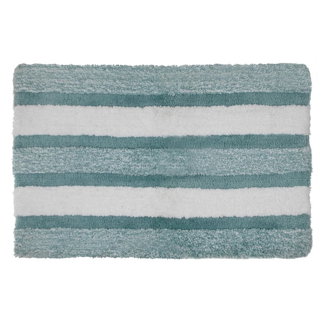 Microfibre Striped Bath Mat (Blue) (20 X 32) rectangular polyester microfiber bath mat with textured alternating blue and white horizontal stripes, designed to keep feet dry in bathrooms and suitable as a soft floor mat in other home areas.