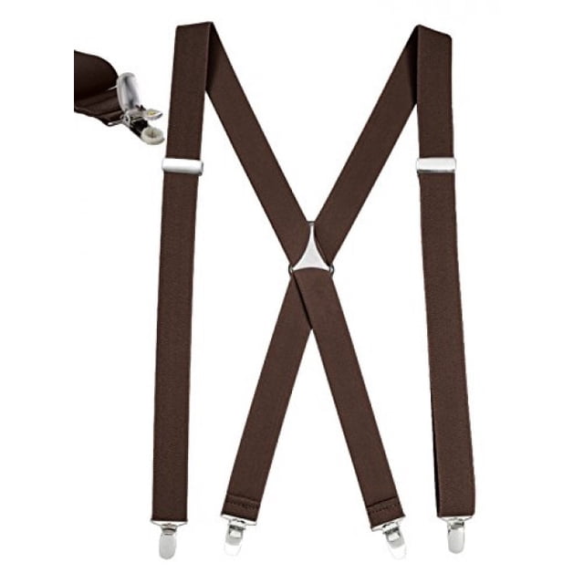 Mens Elastic X Back No Slip "Pin Clip" Straight Clip Suspenders - Brown (Tall, 54" Long)