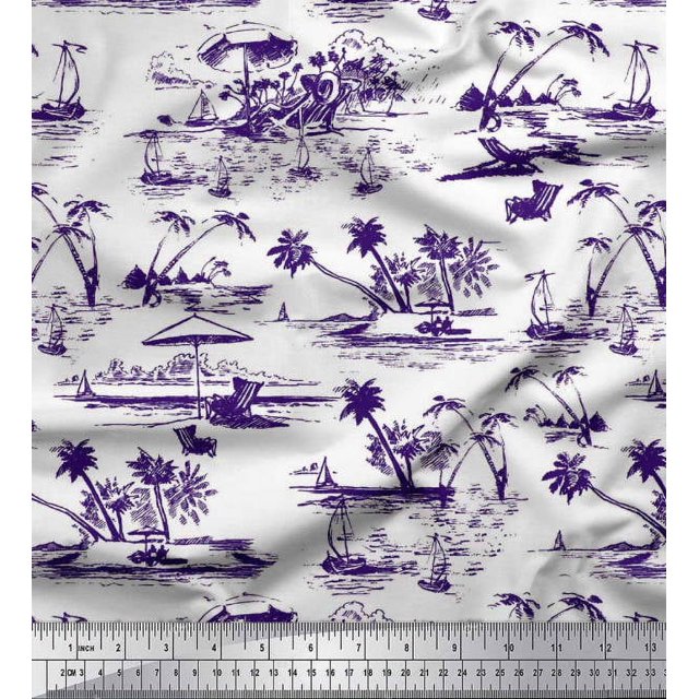 Soimoi Polyester Crepe Fabric Chair,Palm Tree & Yacht Beach Print Fabric by Yard 52 Inch Wide