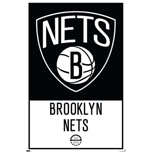 NBA Brooklyn Nets - Logo 21 Wall Poster, 22.375" x 34" showing a centered black and white Brooklyn Nets shield logo with the word NETS above a basketball featuring a large letter B, above the text BROOKLYN NETS in black on white, with an EST. 2012 emblem below, printed on glossy poster paper suitable for wall decor in bedrooms, offices, or dorms.