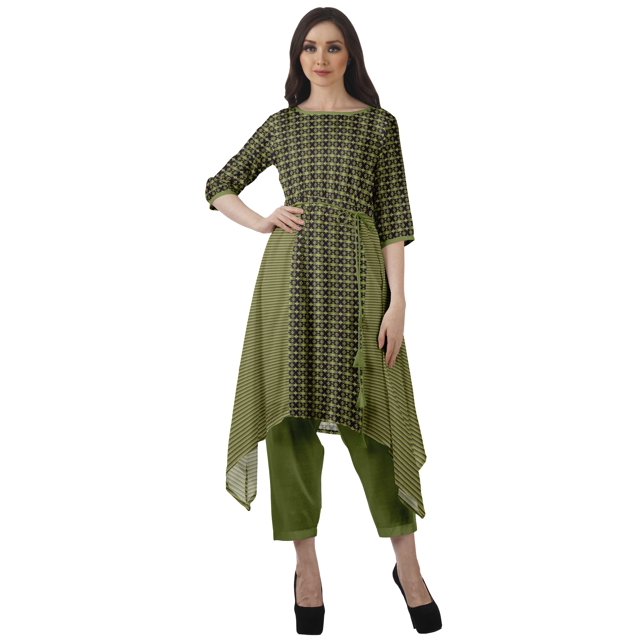 Moomaya Asymmetric Kurti With Pant Indian Tunic Tops Printed Kurti Set For Women