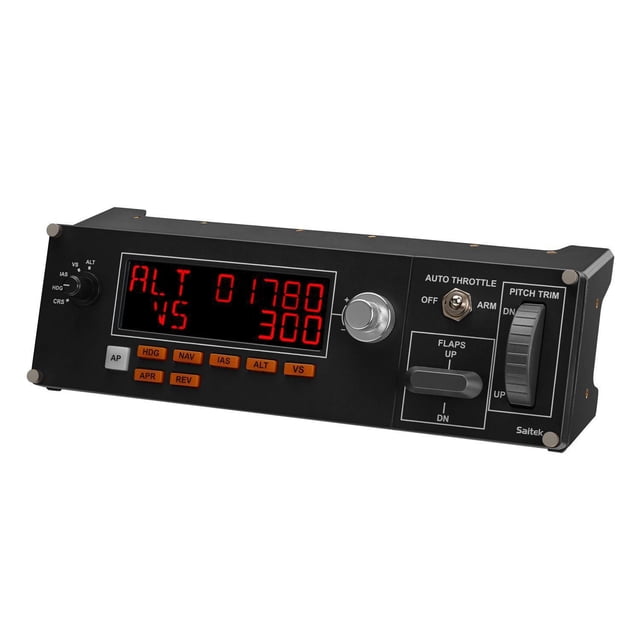 Logitech G Saitek Pro Flight Multi Panel avec Fini Noir Mat, Écran DEL Rouge Indiquant l'Altitude 1780 et la Vitesse Verticale 300, Boutons orange pour le Cap, la navigation, la Vitesse Anémométrique, l'Altitude, la Vitesse Verticale, Cadran de Fréquence Argent, Bouton d'Accélérateur Automatique, Commutateur de Contrôle des Volets et Roue de Réglage du Pas, Conçu pour Simulateurs de Vol pour PC.