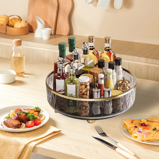 YIMWNYI Plateau à Fruits Rond Transparent Rotatif pour la Maison, Plateau à Collations en Plastique Transparent, Rangement Empilable Facile à Nettoyer, Multifonctionnel pour Fruits, Desserts, Apéritifs, Présentoir de Table Élégant