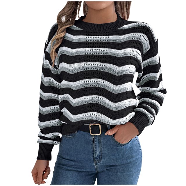 cfhntfmh Chandail à Manches Longues pour Femmes Décontracté Col Ras du Cou Chandail Tricoté Hauts Printemps Automne à Rayures à Blocs de Couleur Chandails au Crochet