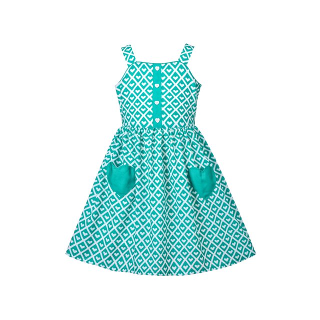 Robe Fille à Bretelles Spaghetti Cœur avec Poches à Carreaux Verte Robe d'Été Sans Manches 7 Ans