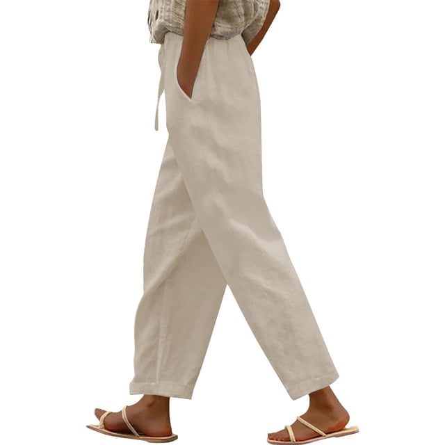 Women's Casual Linen Pants - High Waist with Side Pockets - Spring/Summer Long Pants