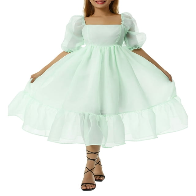Women Summer Puffy Tulle Princess Dress Solid Color Square Neck Short Sleeve Ruffle Hem A-Line Dress Plus Size