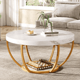 thumbnail image 1 of Fnova Table Basse avec Rangement à 2 Niveaux, Table Basse Ronde de 32 Pouces avec Pattes en Métal, Table Centrale de Style Rustique Moderne pour Salon, Blanc et Or, 1 of 10