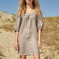 thumbnail image 2 of Mrat Robe en Coton et Lin pour Femmes Vêtements Décontractés Couleur Unie Col Carré Manches Mi-Longues Robe Ample Courte P-42 Kaki P, 2 of 4