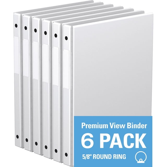 Davis Group Premium Economy Round Ring Binder 6 Pack with 5/8 inch round rings, white binders featuring clear front and back pockets and full-width label holders on spines, ideal for office supplies and document organization.