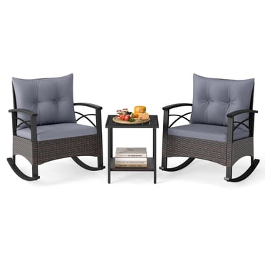 Gymax Ensemble de 3 Pcs de Fauteuils Berçants en Rotin pour Patio, Ensemble Bistro Berçant avec Plateau de Table et Accoudoirs en Bois d'Acacia