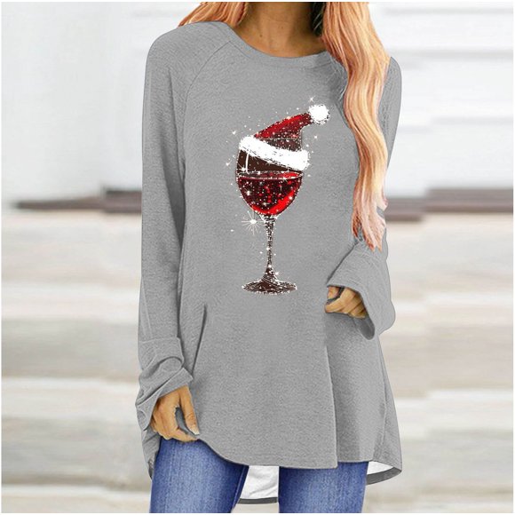 TaTaai Christmas T-Shirt for Women with Wine Glass Print, Long Sleeve Crewneck, Soft Stretchy Lightweight Loose Fit Tee for Daily Wear and Holiday Party