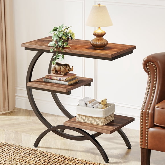 Fnova Table d'Appoint en Forme de C à 3 Niveaux, Table d'Appoint Moderne Industrielle en Bois avec Cadre en Métal, pour Salon, Chambre, Entrée
