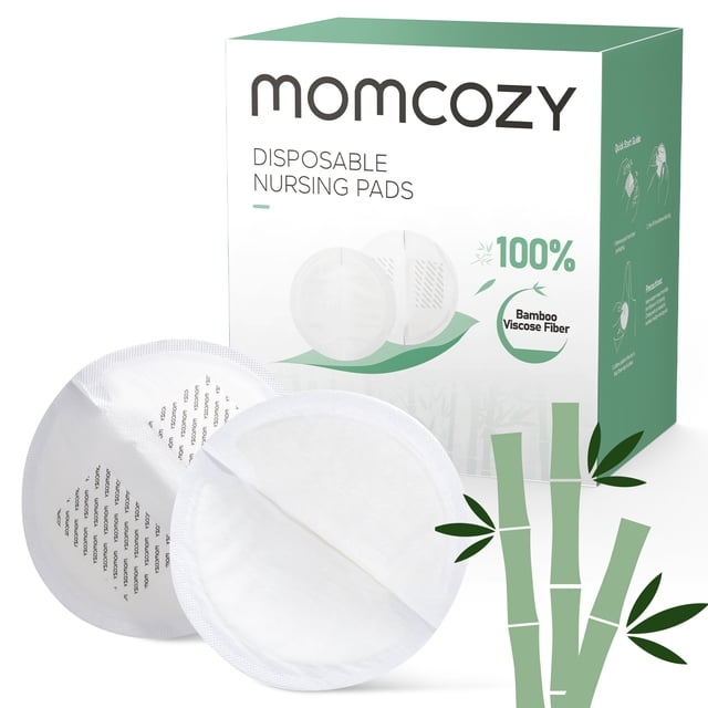 Momcozy Disposable Nursing Pads Ultra-Thin made from bamboo fiber, shown with packaging emphasizing 100% natural materials and biodegradability. Includes 120 individually wrapped pads with anti-slip strips, an 8-layer absorbent core for leak protection, and breathable design. Ideal for breastfeeding comfort and nursing essentials.