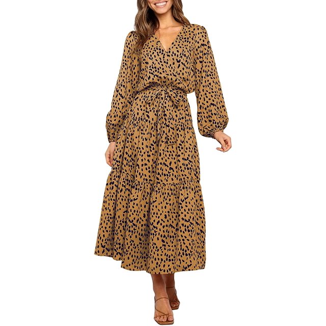 Robe Maxi de Soirée Décontractée pour Femme, Bohème, à Imprimé Léopard, à Volants, à Manches Longues, à Col en V, Fluide