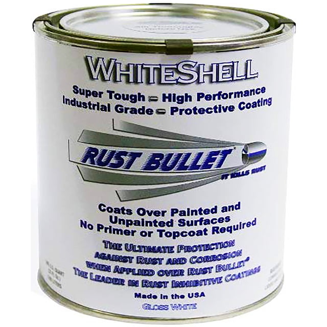 Rust Bullet WhiteShell - Gloss White Rust Preventative Protective Coating in a quart-sized can. The label highlights its UV resistance, industrial-grade durability, and no need for a topcoat or primer. Suitable for painted and unpainted surfaces.