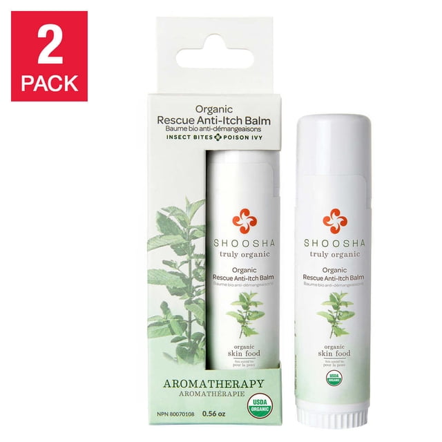 Shoosha Organic Rescue Baume Anti-Démangeaisons 2 x 0,56 oz, Comprenant Deux tubes de Baume Anti-Démangeaisons Biologique dans un Emballage Blanc avec des illustrations de Plantes Vertes. Conçu pour Soulager les Piqûres d'Insectes, l'Ivoire Toxique et les irritations Cutanées Mineures, Il Contient des Huiles Essentielles comme la Menthe Poivrée, la Camomille, la Lavande et l'Arbre à Thé. le Produit Est Sans Stéroïdes, Sans Cruauté et non-OGM, Convient