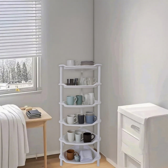 SHIMELE 6 Tier Storage Rack Multi Layer Organizer Shelf Easy Assembly Home Kitchen Bathroom Office Space Saver White Plastic 75x27x18cm