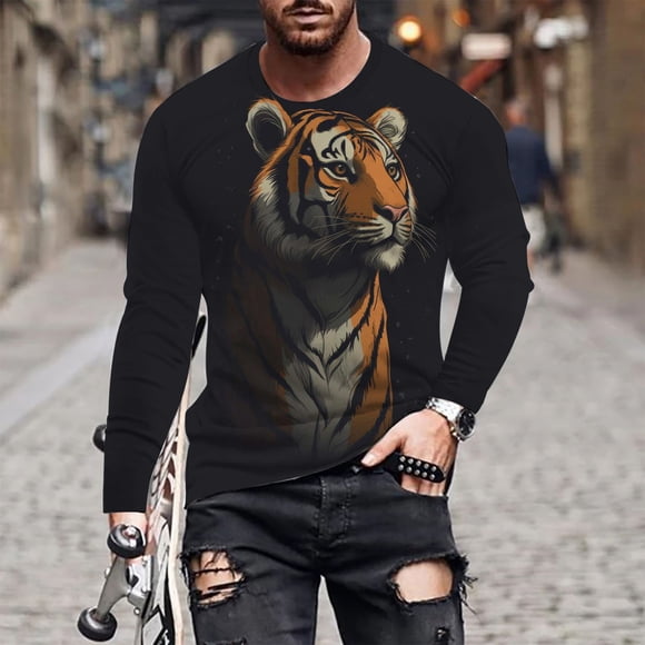 Meichang Long Sleeve T Shirt Men Graphic,Graphic Tees for Men Vintage 3D Print T-Shirts Fashion Round Neck Big and Tall Long Sleeve Shirts for Men