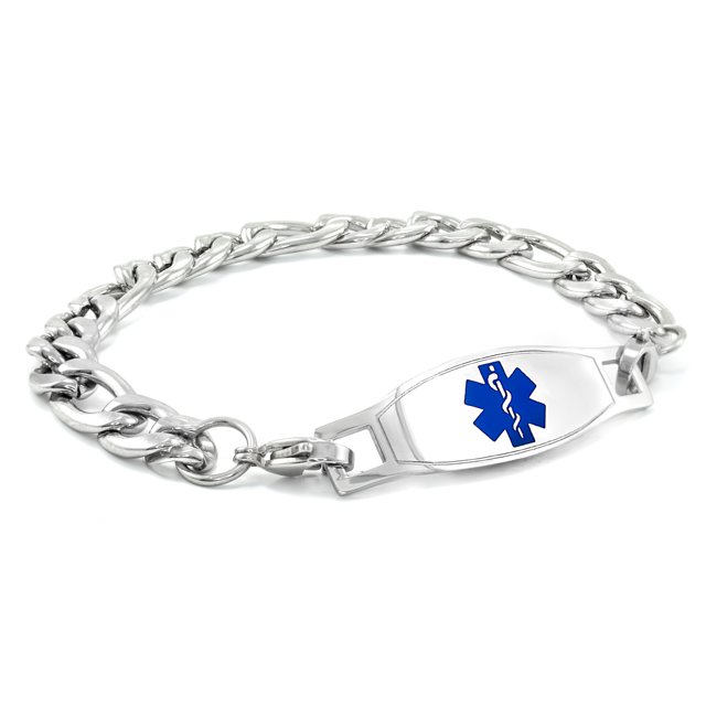 MedicEngraved Bracelet à Maillons Figaro 9 mm en Acier Inoxydable 316L pour Chirurgie avec Étiquette Médicale en Émail - Gravure Médicale Incluse