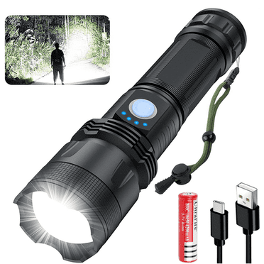 Flashlight 100000 lumen, USB rechargeable XHP70.2 Flashlight High lumen LED flashlight Powerful Tactical flashlight 5 modes for emergency, camping, home (includes 26650 high capacity battery)