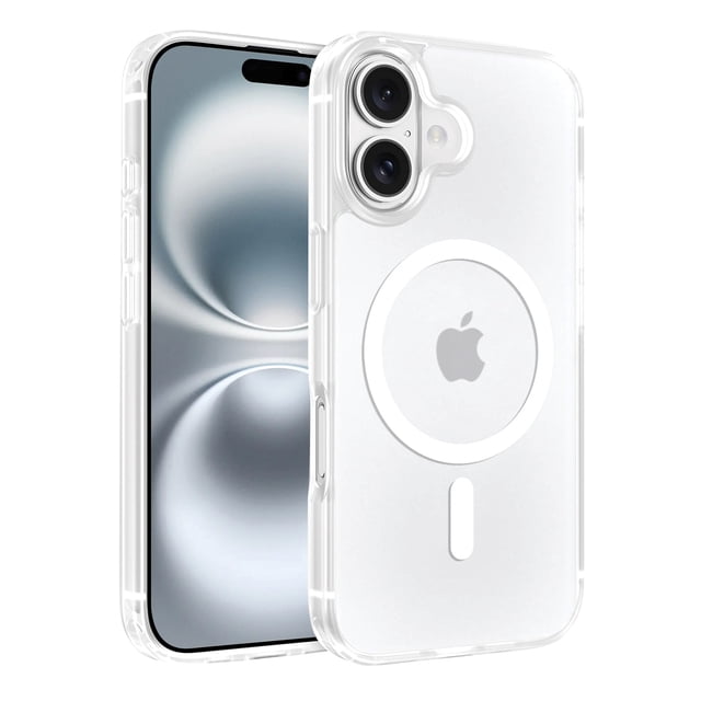 onn. iPhone 16 Plus Hard-Shell Clear Phone Case on an iPhone 16 Plus, featuring a slim, transparent design with a built-in magnetic ring for MagSafe compatibility, scratch- and dust-resistant durable material, protective button covers, and precise access to all ports and dual rear cameras. It is also suitable for protecting the phone from everyday scratches and dings.