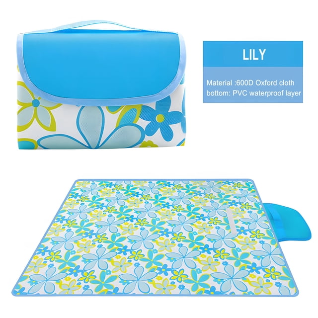 Couverture de Pique-Nique Extérieure Roulante avec un Motif floral vibrant en Tons Bleu, Jaune et Vert. Cette Couverture de Sable Extra-Grand, Pliable, Légère et Imperméable Mesure 150 x 100 cm, Accueillant 2-4 Adultes avec des Fournitures de Pique-Nique. la Couverture Est Fabriquée en Tissu Oxford 600D durable avec une Couche Imperméable en PVC, Assurant Confort et protection sur l'Herbe Mouillée Ou les Plages Sablonneuses. Elle Se Replie de Façon Compacte jusqu'à 30 x 20 x 3 cm avec une Poignée de Transport