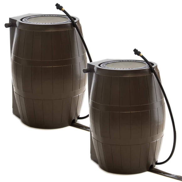 FCMP Outdoor 50-Gallon BPA Free Home Rain Water Barrel, Brown (2 Pack)