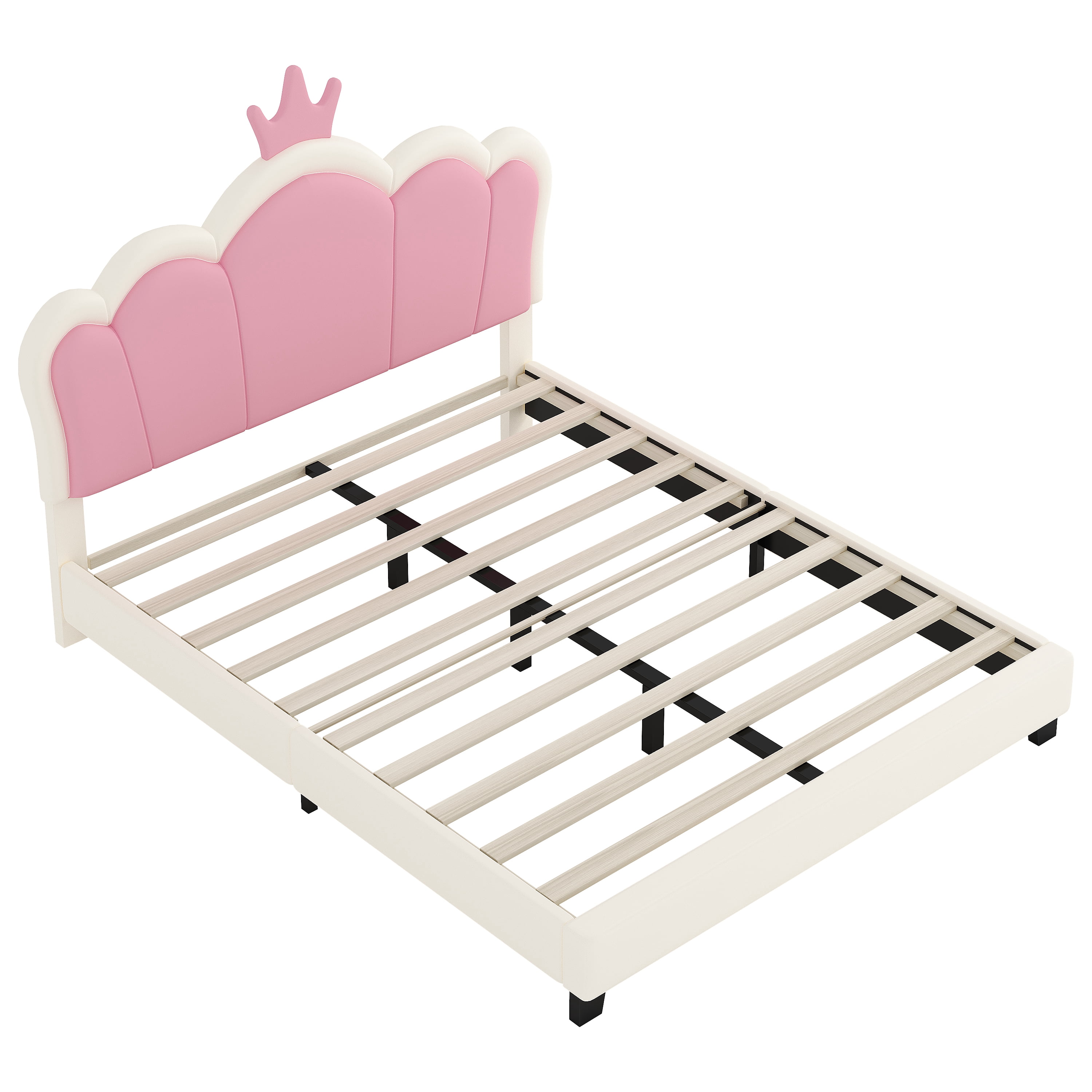 Homy Casa Full Size Princess Bed, Cream Pink, Crown Headboard, PU & Wood Frame, 500 lbs Capacity, Kids Bedroom Furniture, Easy Assembly