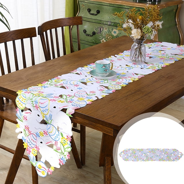 LSLJS Easter Table Runner Bunny Eggs Embroidered Tables Runner Tablecloth Easter Decoration Suitable for Tables Party, Easter Gifts Easter Decorations