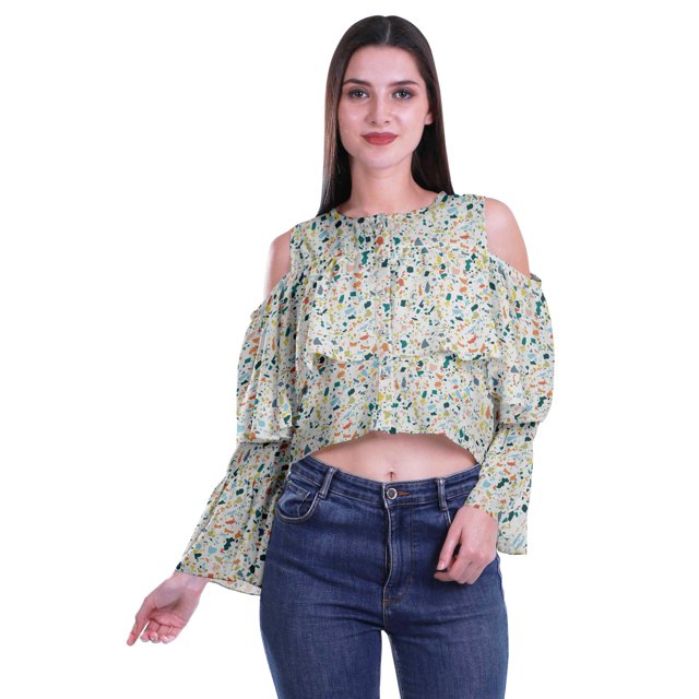 Moomaya Button Front Cold Shoulder Top Printed Casual Loose Blouse Short Top