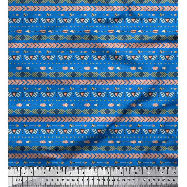 Soimoi Blue polyester Crepe Fabric Aztec Geometric Printed Fabric 1 Yard 52 Inch Wide
